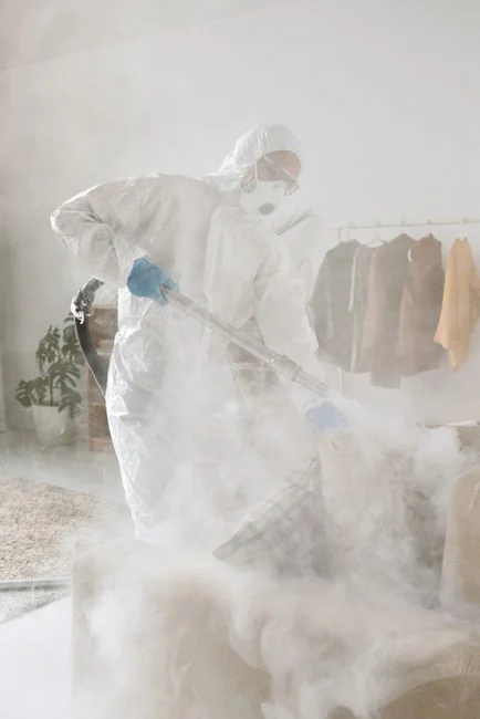Une personne nettoie l’écran d’un ordinateur portable avec un chiffon bleu et un flacon pulvérisateur sur une table en bois pour des raisons d’hygiène.